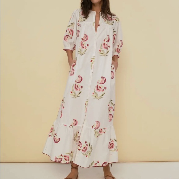 Sonmer Sofia Cherry block print Dress Floral White Maxi Dress NWT